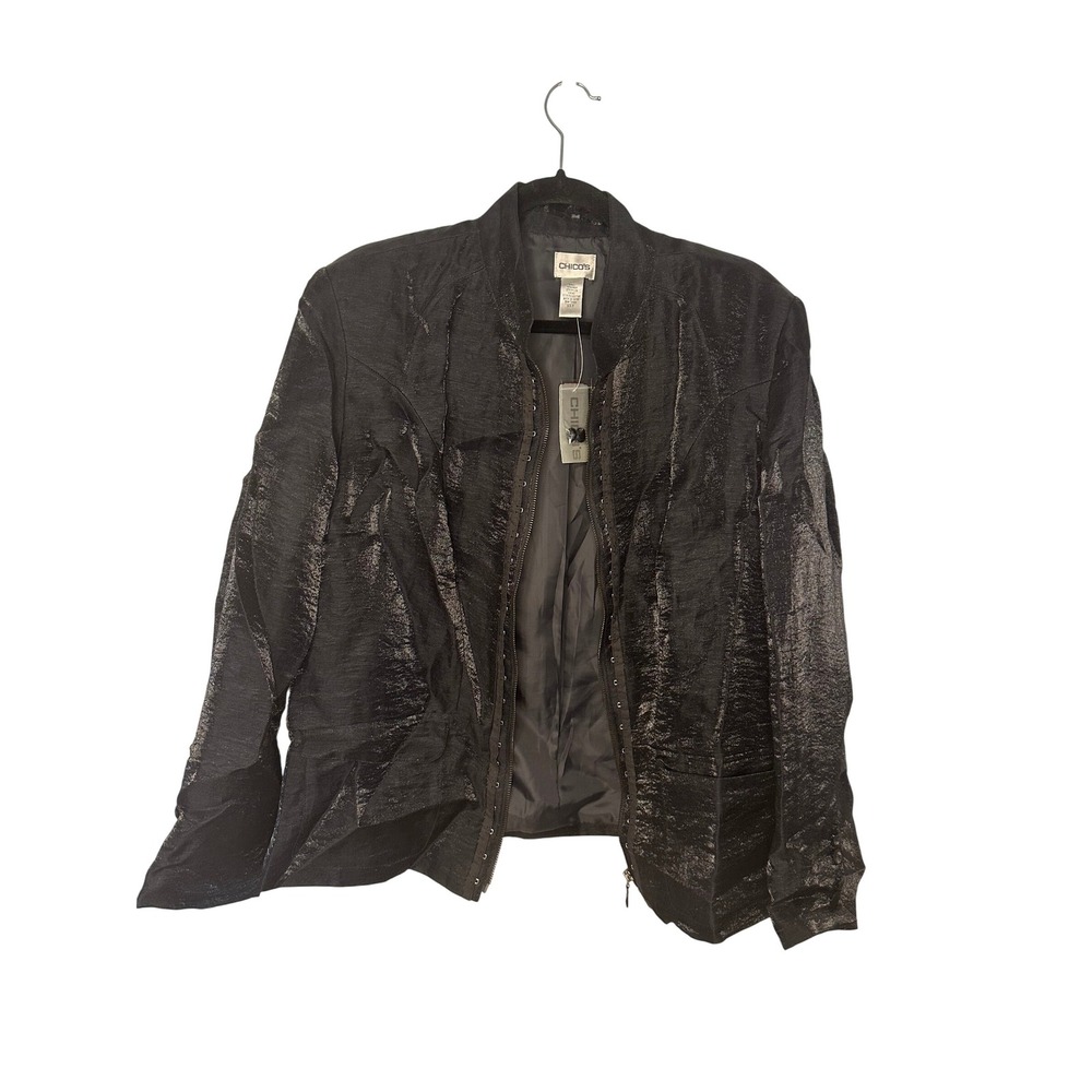 Chicos Neva Hooked Jacket Black Shimmer Linen Blend‎ Size 3 Full Zip NWT